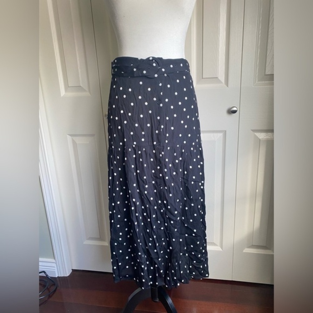 BNWT Nysnese Paris Black Button up Belted Polka Dot Maxi Skirt size M